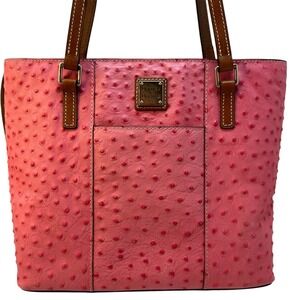 Dooney & Bourke Pink Ostrich Embossed Leather Tote Bag Brown Straps Shopper